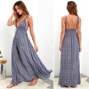NWT Lulu’s Field Day Navy Blue Print Tie-Strap Maxi Dress Size S